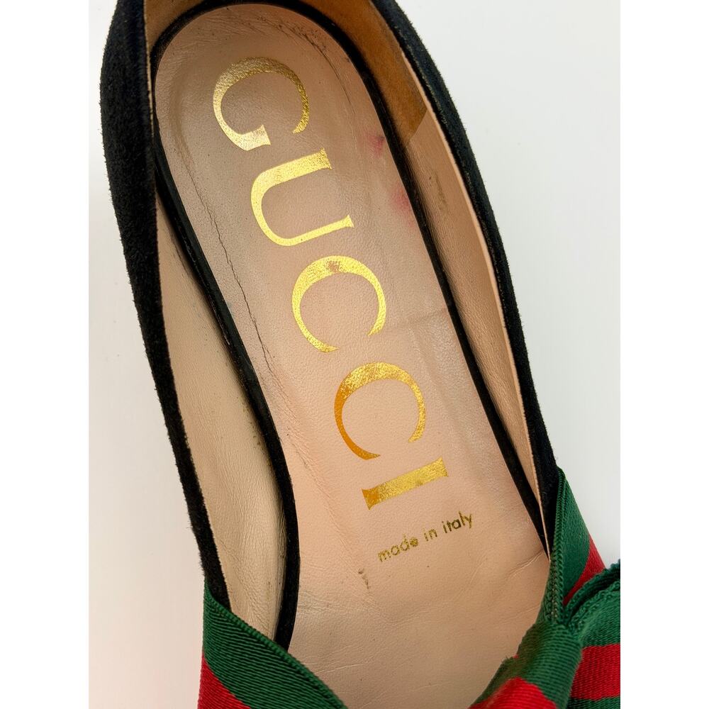 Gucci Web Stripe Sylvie Bow Ballet Flats Black Suede Size 37.5 / 7.5 Red Green - Picture 9 of 14